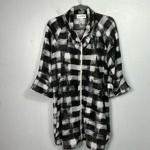 Joseph Ribkoff Black & White Mesh Plaid Zip Front 3/4 Sleeve Swimsuit Coverup 10